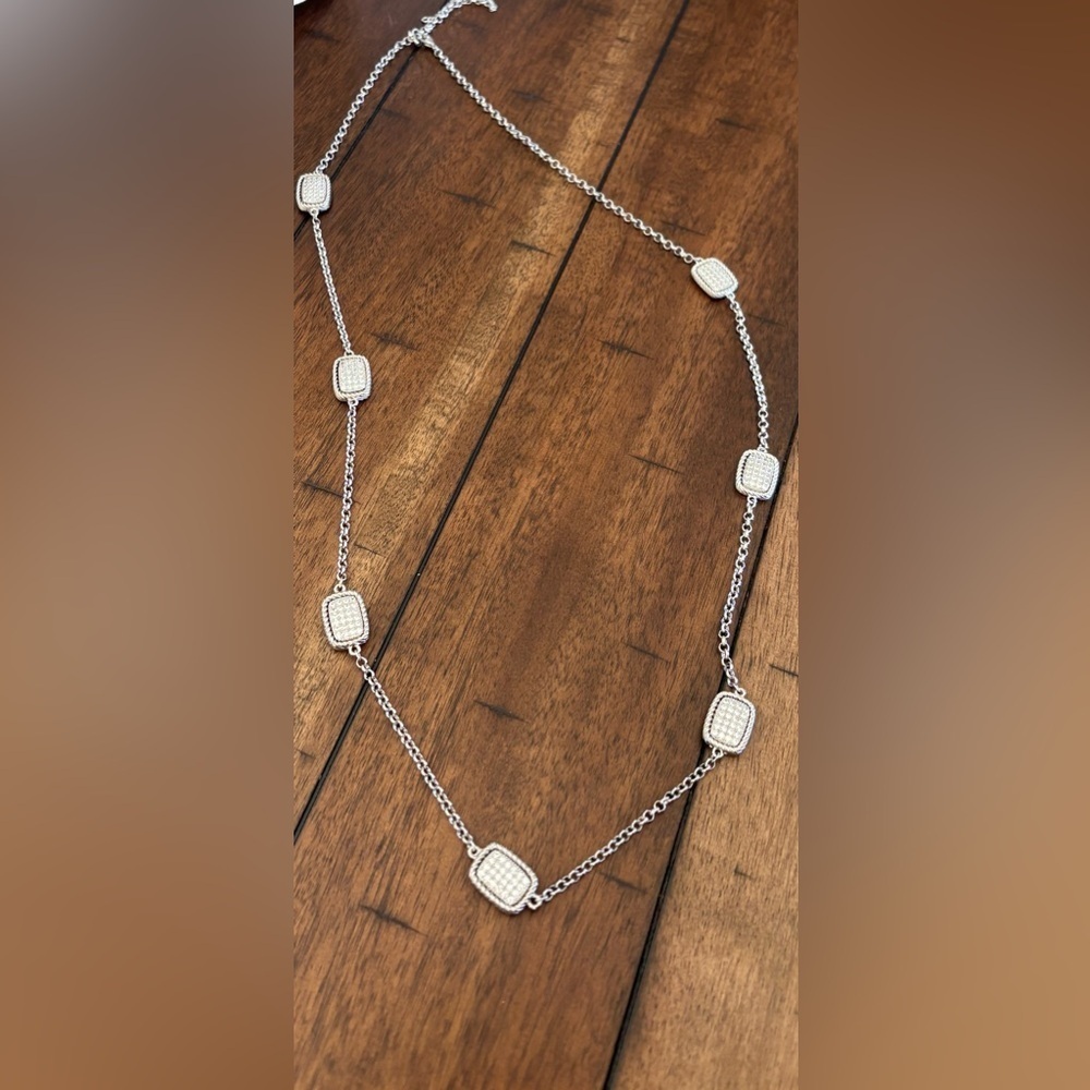 Pave Rectangular Silver Tone Chain Necklace
